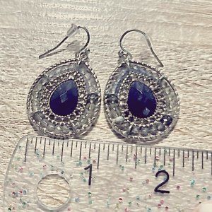 Silver tear drop with blue stone and beads dangle earrings